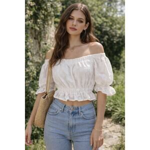 Sabo Skirt White Eyelet Crop Top Size L Festival Milkmaid Peasant Coquette Boho